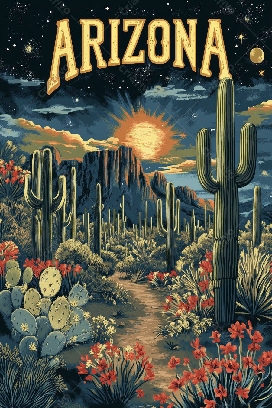 Ilustração Arizona Deserto Cactos Pôr do Sol Vintage