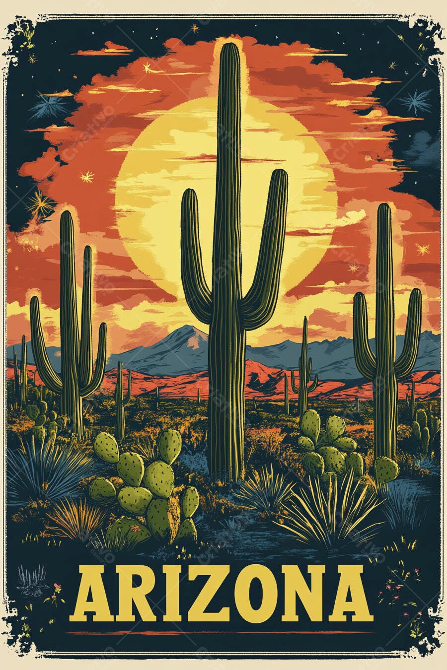 Pôster Vintage Arizona Deserto Cactos Pôr do Sol