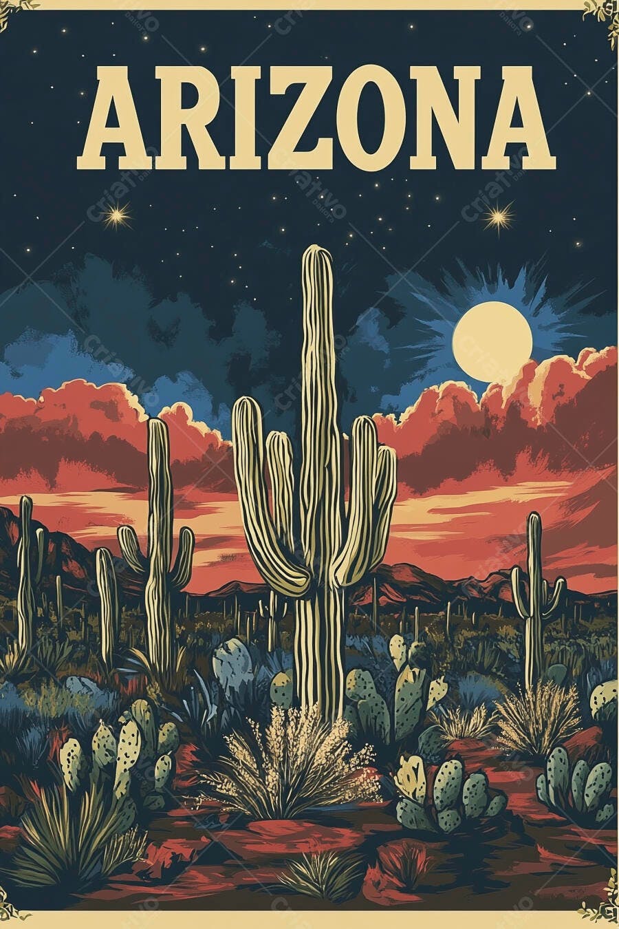 Ilustração Deserto Arizona Cactos Saguaro Noite Estrelada