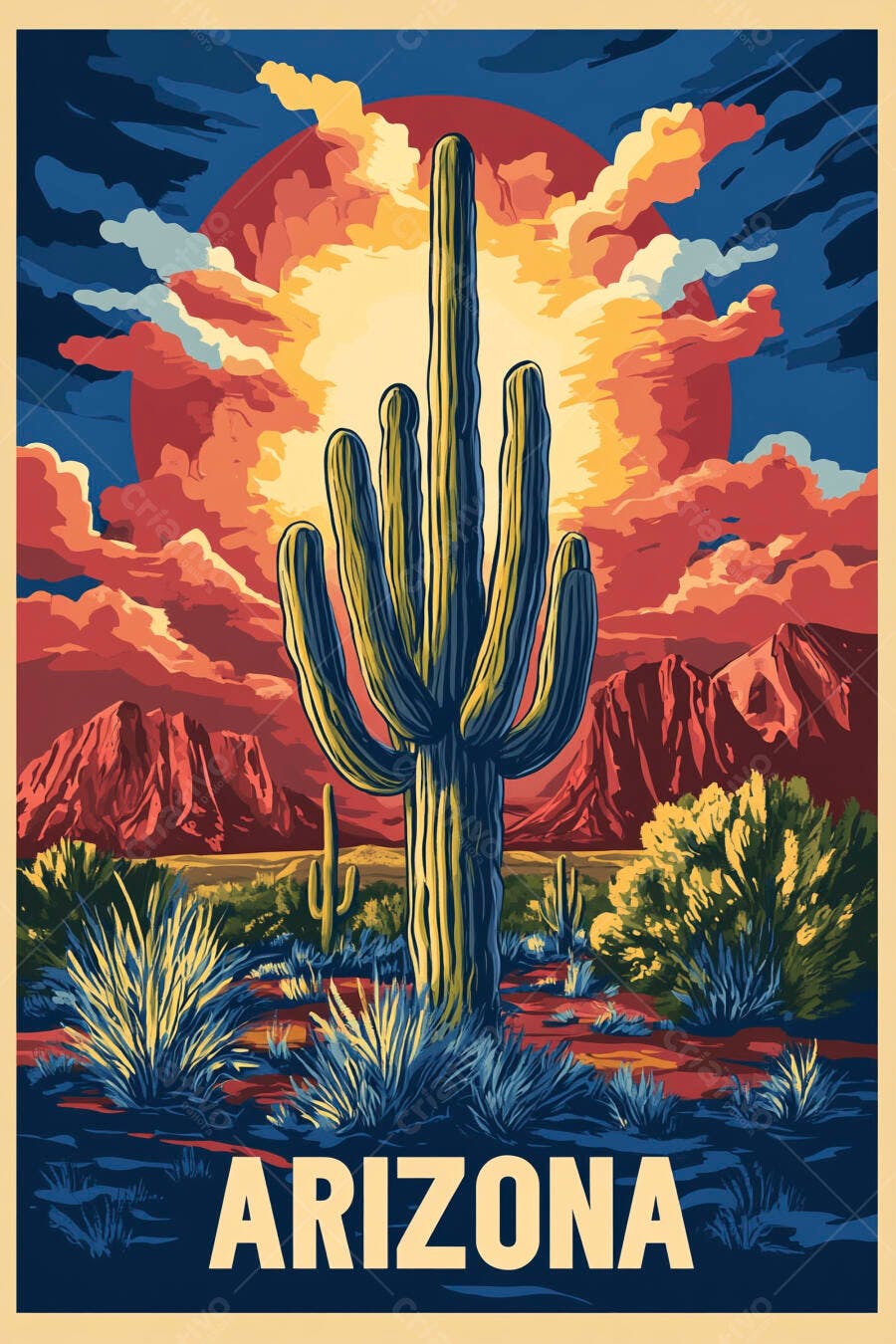 Pôster Vintage Arizona Cacto Deserto Pôr do Sol Ilustração