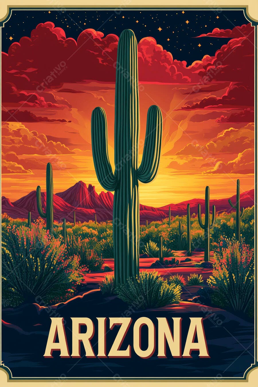 Pôster Arizona Cactos Deserto Pôr do Sol Vintage Ilustração