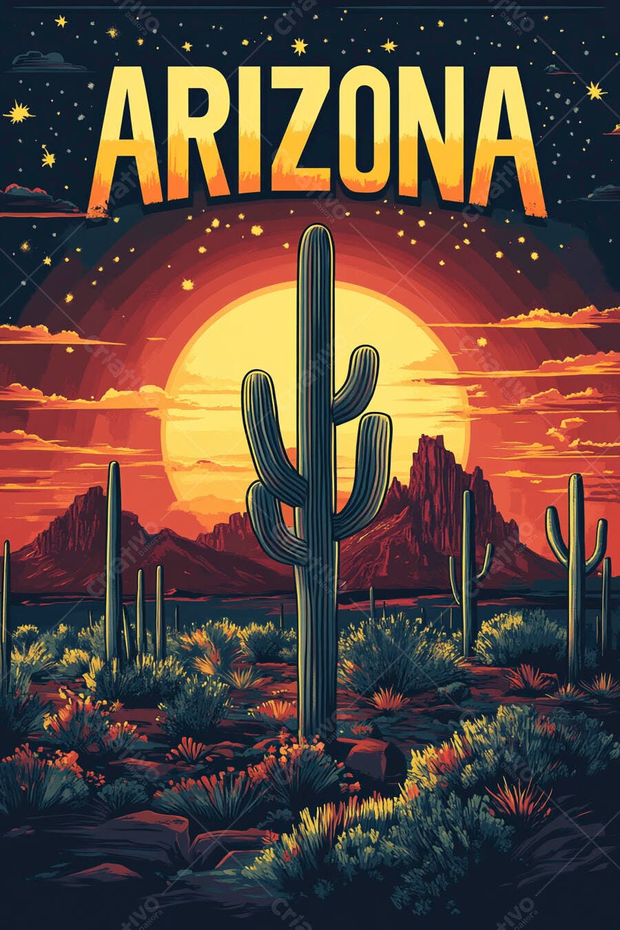 Arizona Deserto Cactus Pôr do Sol Ilustração Vetorial