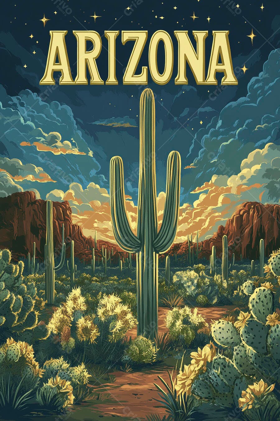 Pôster Arizona Deserto Cactos Saguaro Noite Estrelada