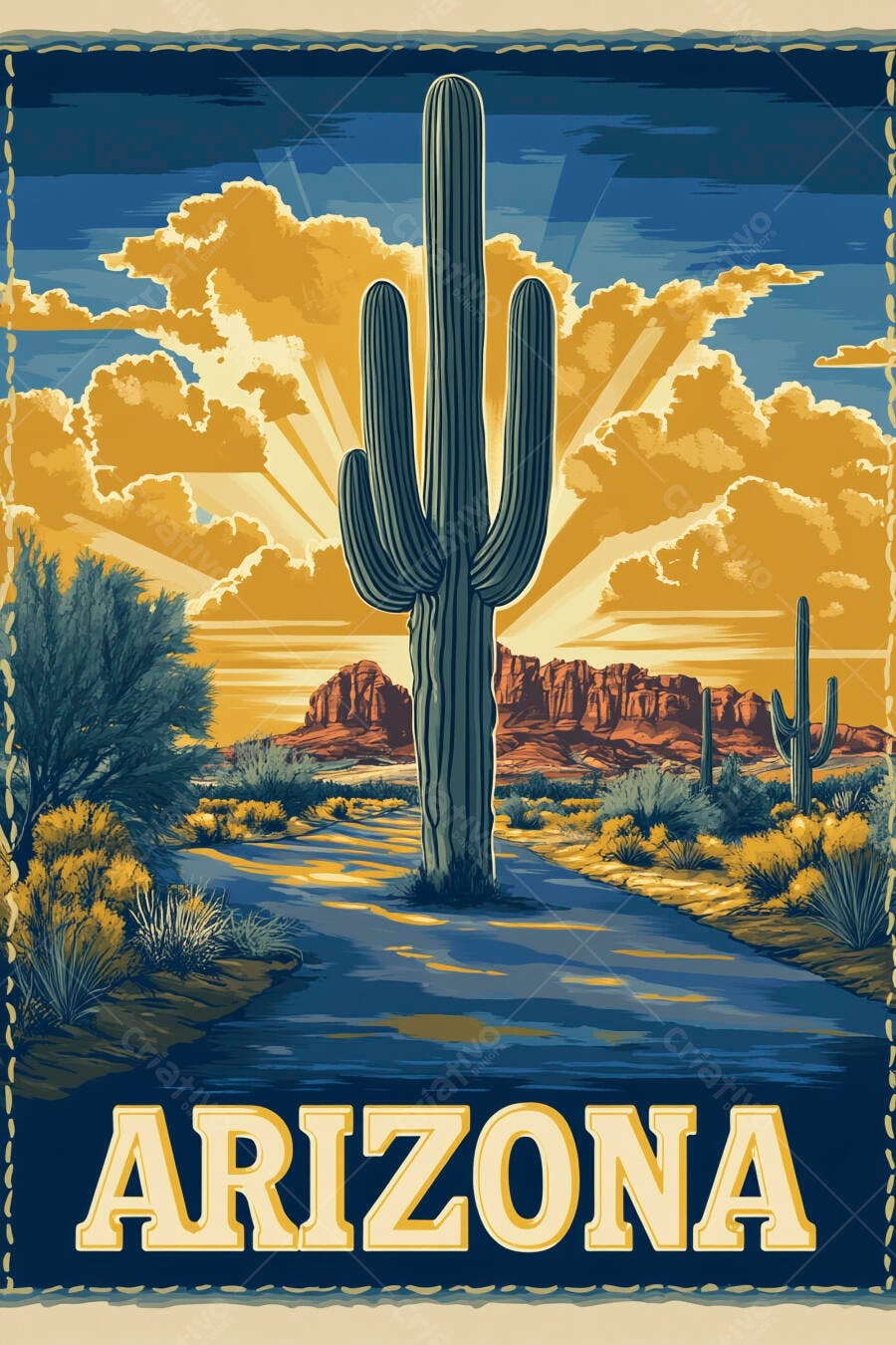 Pôster Arizona Cacto Saguaro Deserto Vintage Ilustração