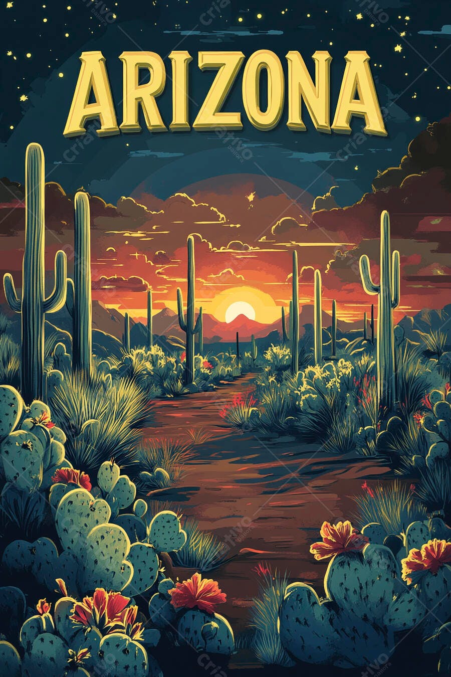 Ilustração Deserto Arizona Cactos Pôr do Sol Estilo Vintage