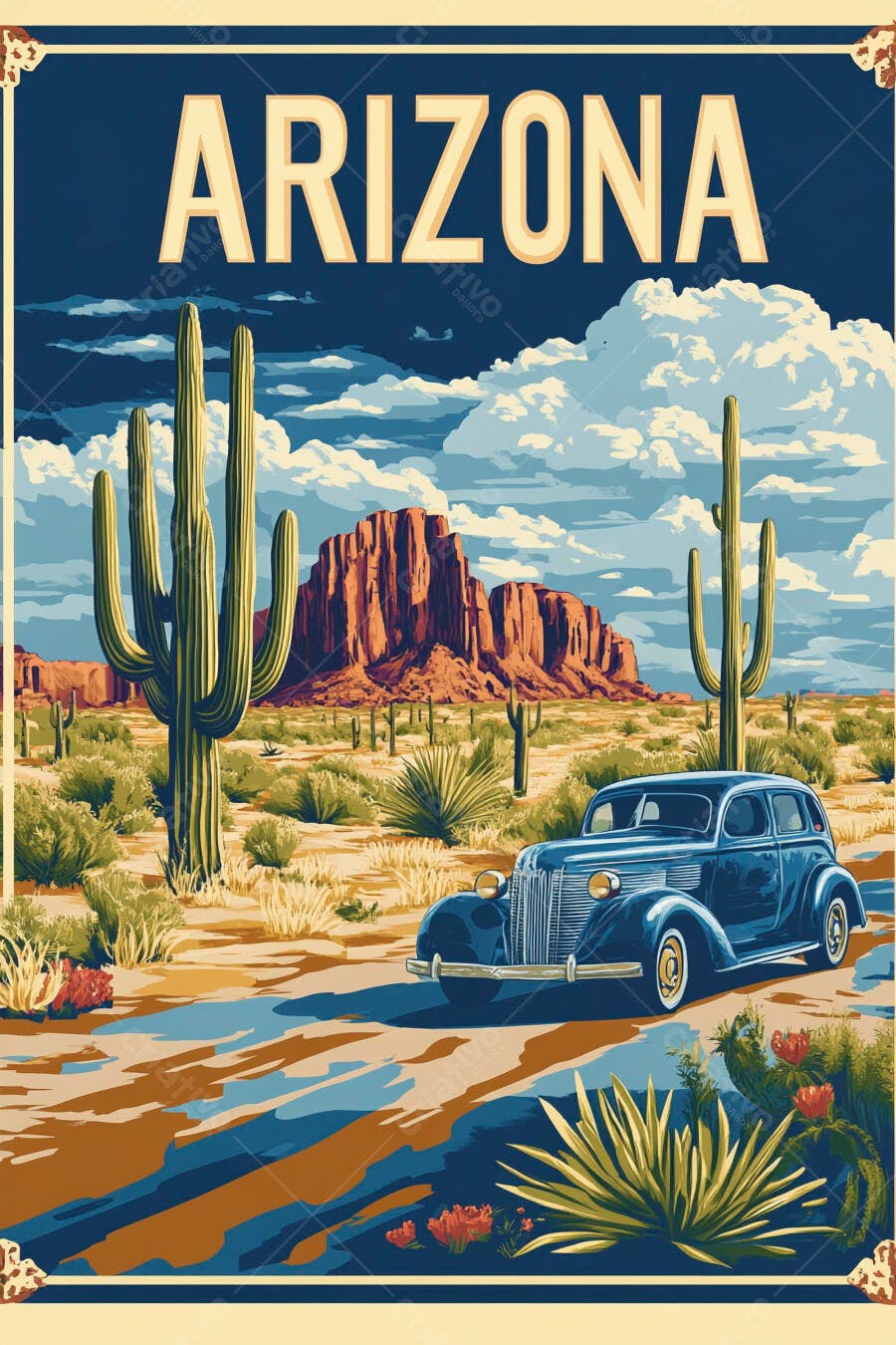 Pôster Vintage Arizona Deserto Carro Antigo Cactos