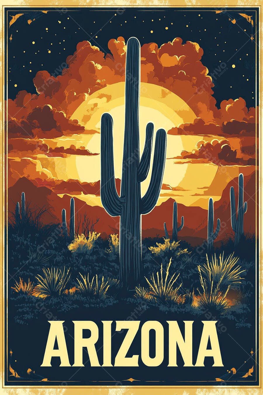 Pôster Vintage Arizona Deserto Cactos Pôr do Sol