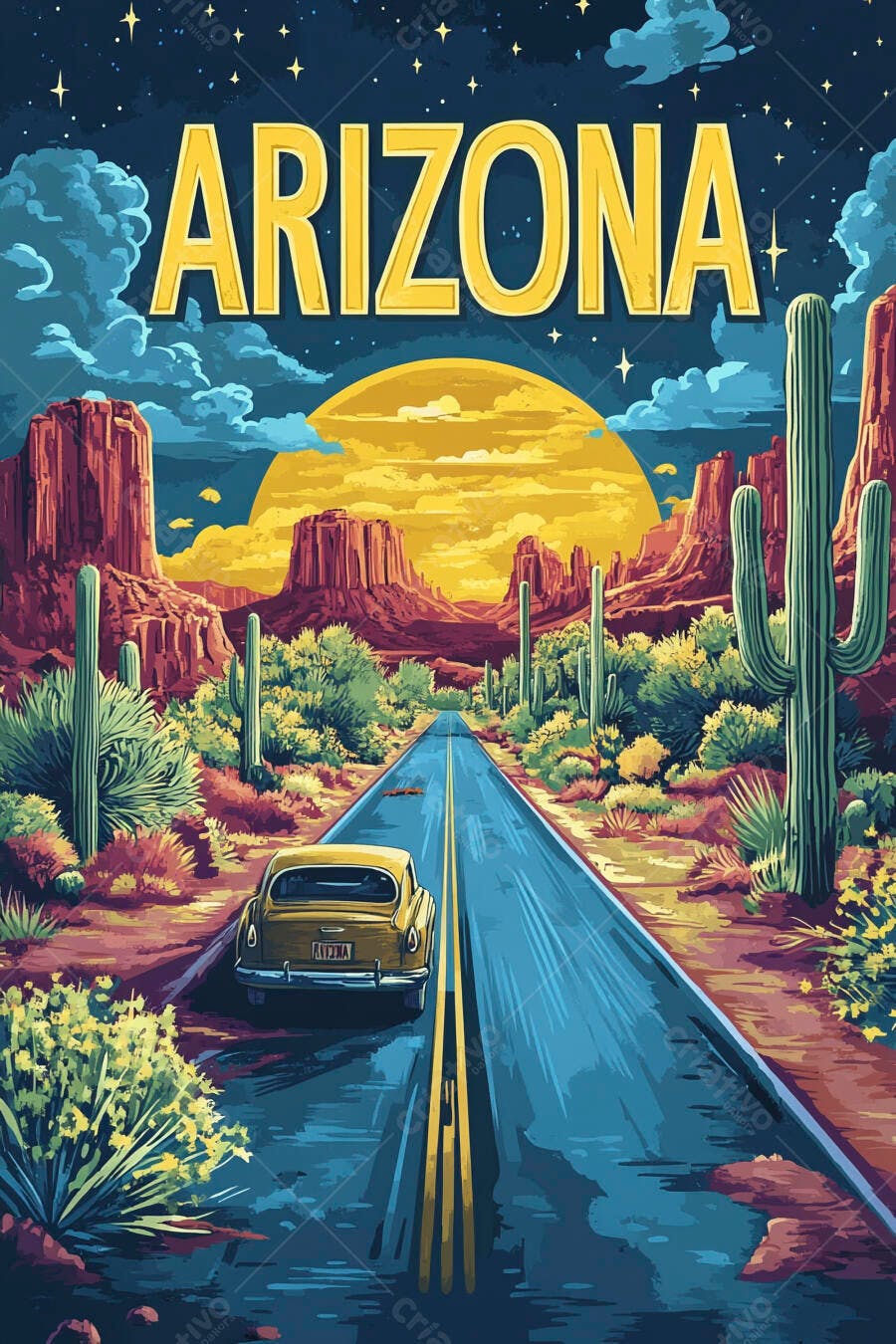 Ilustração Arizona Estrada Deserto Carro Vintage Pôster