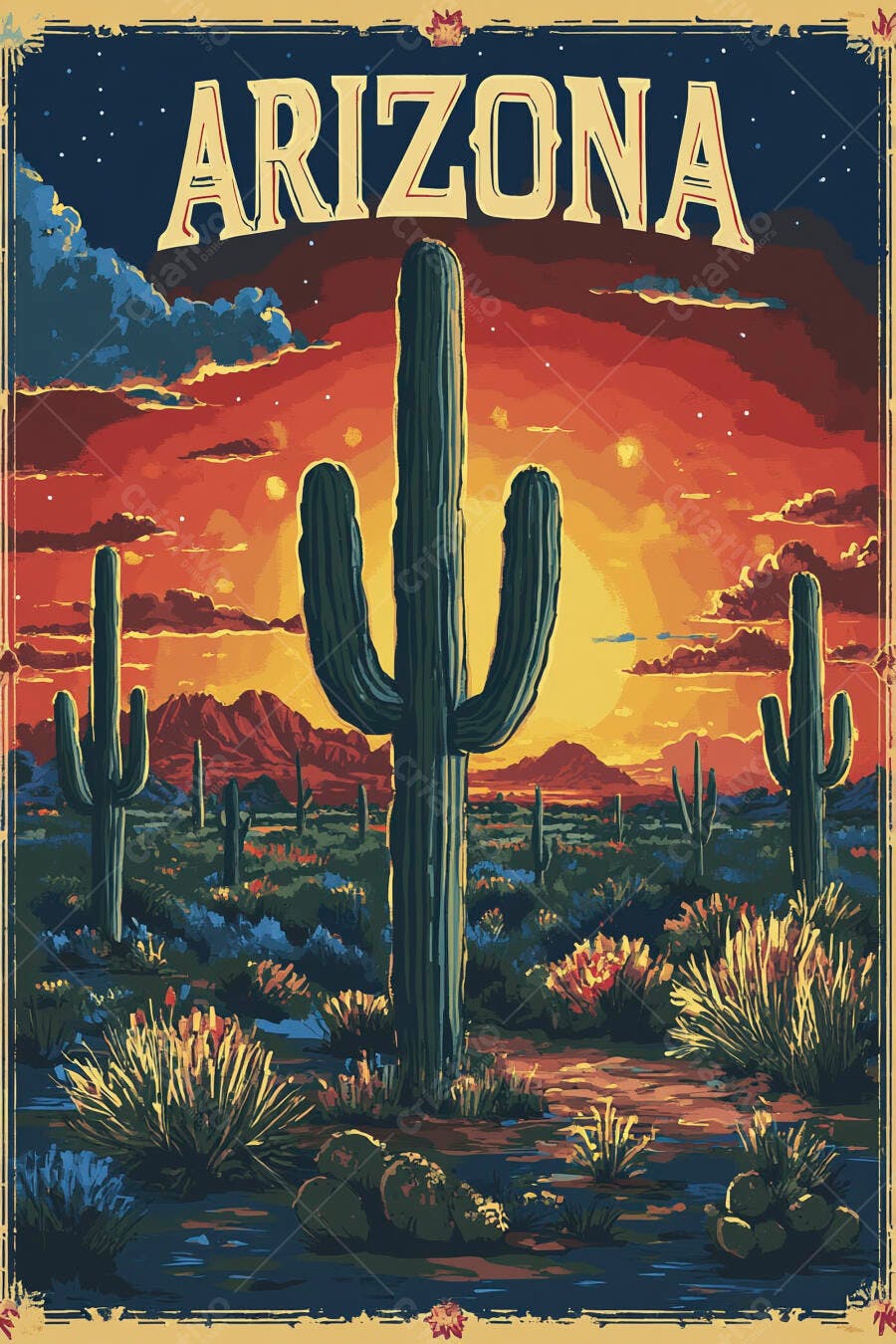 Ilustração Deserto Arizona Cactos Pôr do Sol Vintage