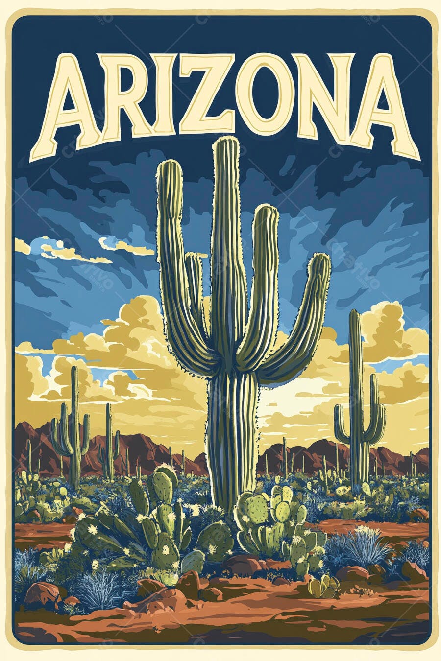 Ilustração Arizona Deserto Cactos Saguaro Vintage