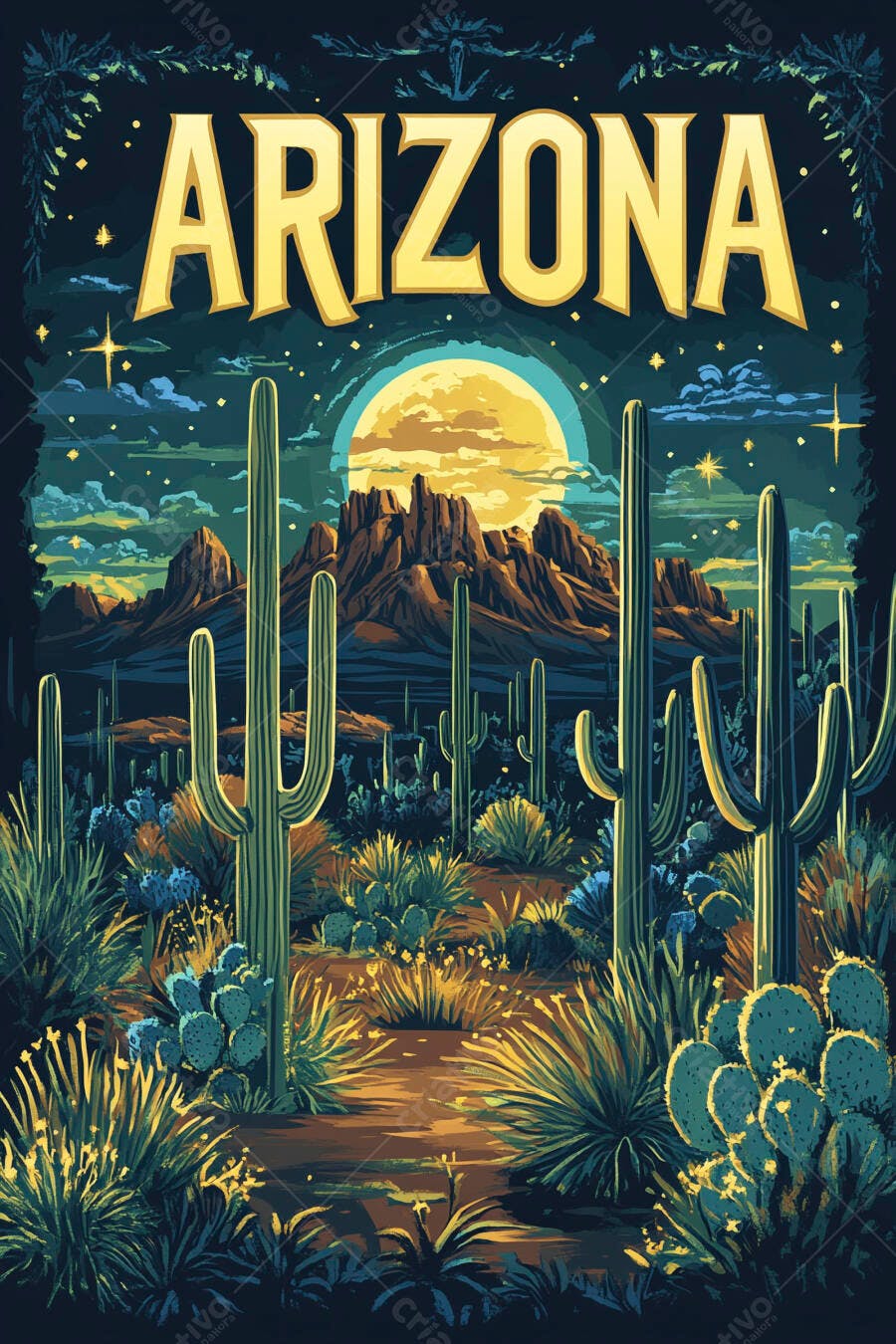 Ilustração Arizona Deserto Cactos Noite Lua Cheia