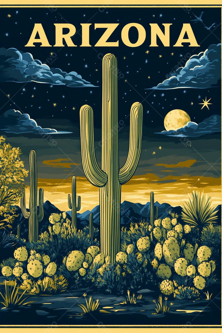 Ilustração Deserto Arizona Cactos Saguaro Noite Lua Cheia