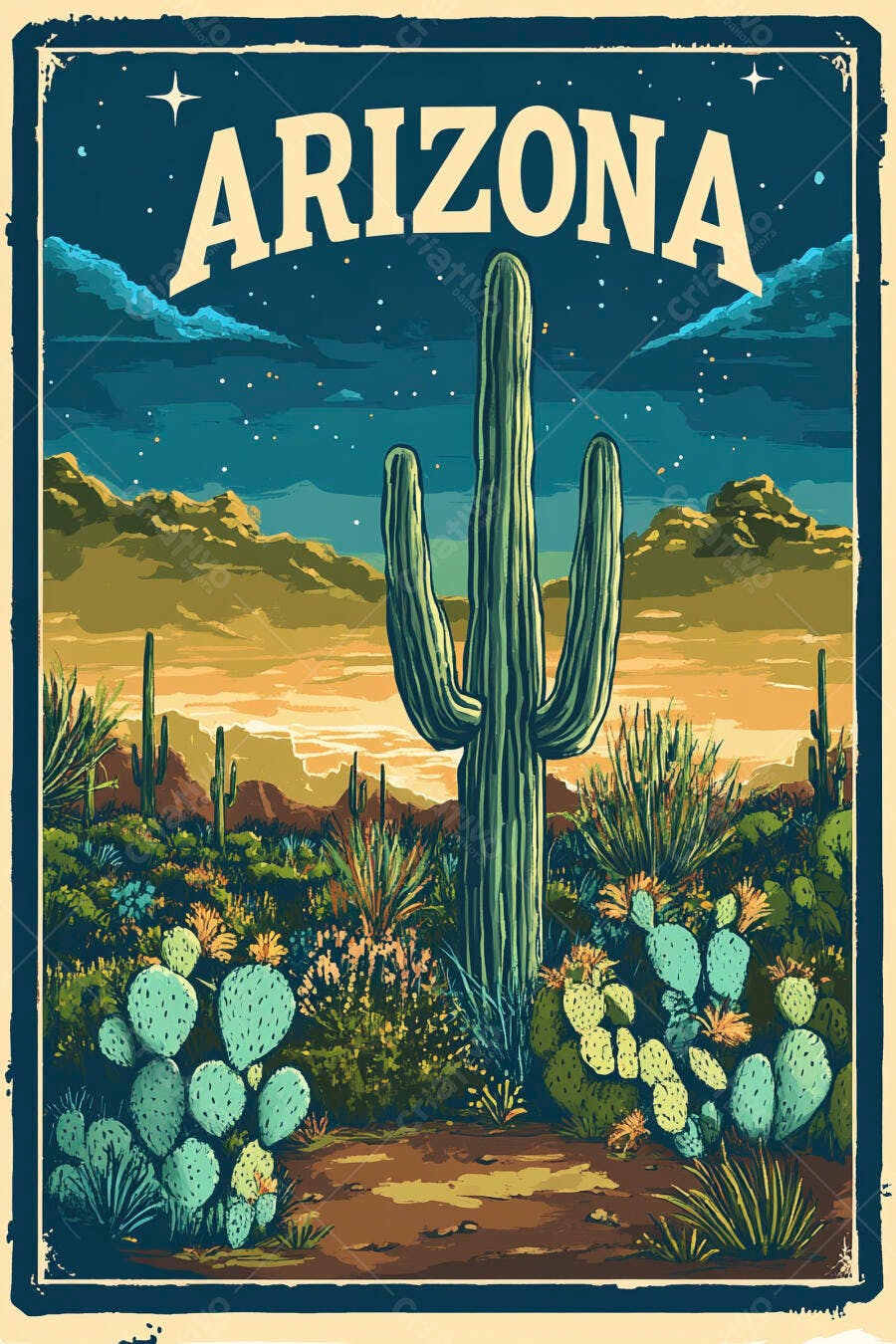Poster Vintage Arizona Deserto Cactos Saguaro Noite Estrelada