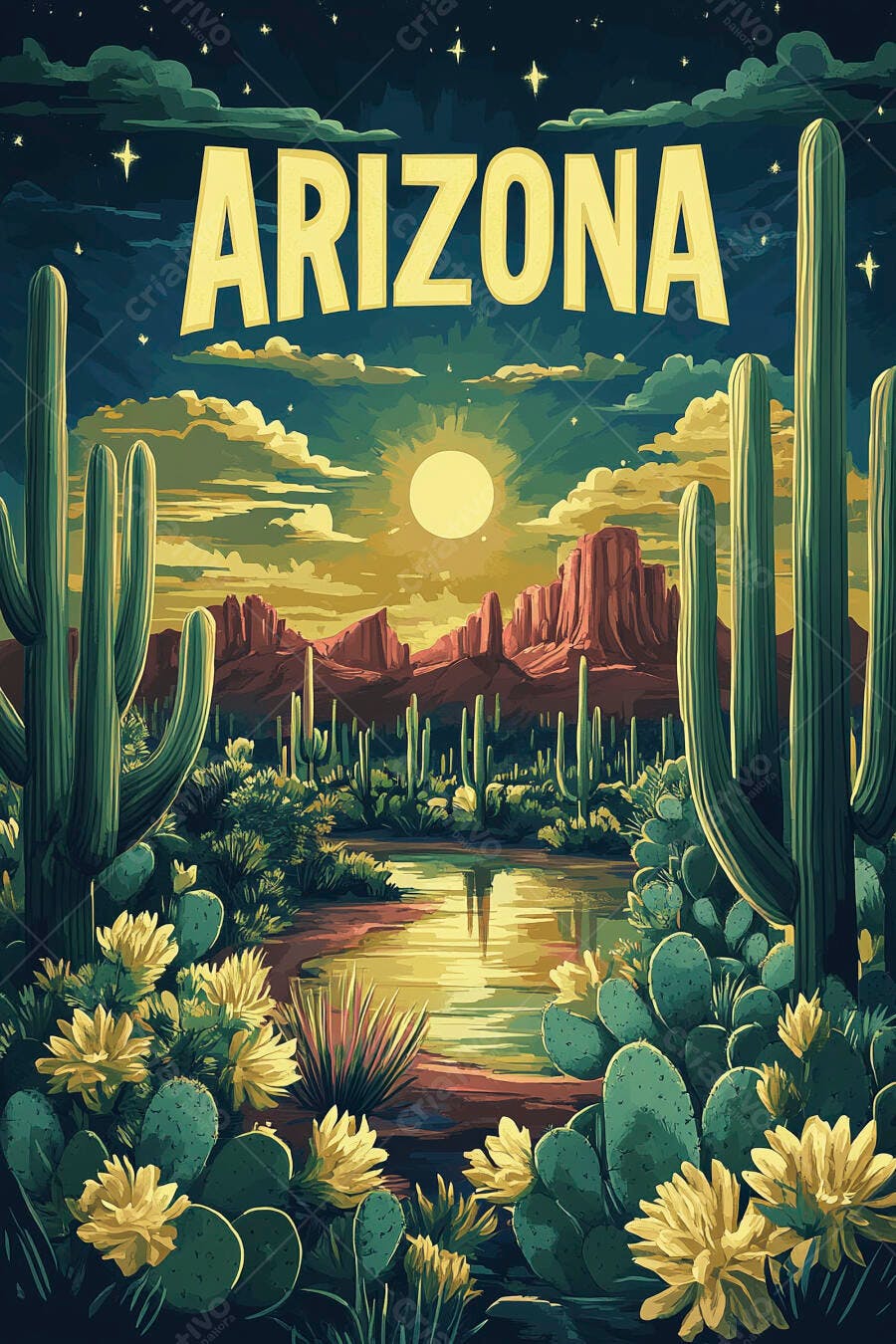 Ilustração Arizona Deserto Cactos Rio Pôr do Sol