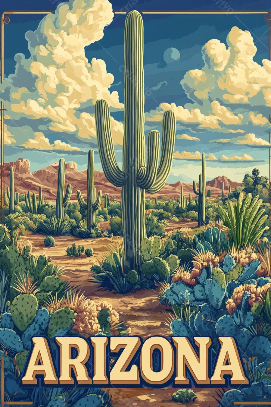 Ilustração Deserto Arizona Cactos Saguaro Céu Azul