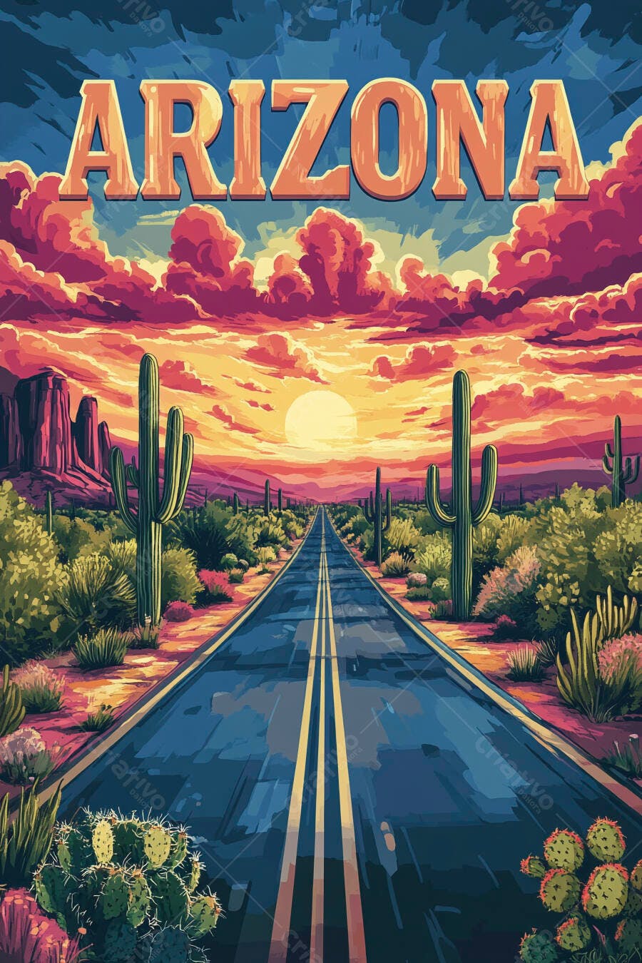 Ilustração Arizona Estrada Deserto Pôr do Sol Cactos