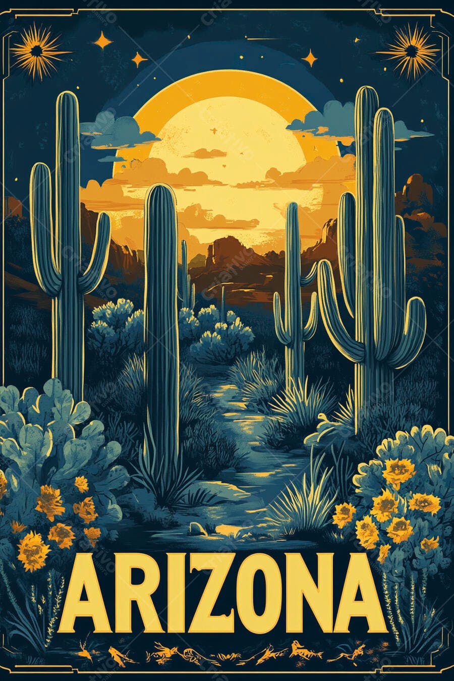 Ilustração Deserto Arizona Cactos Pôr do Sol Vintage