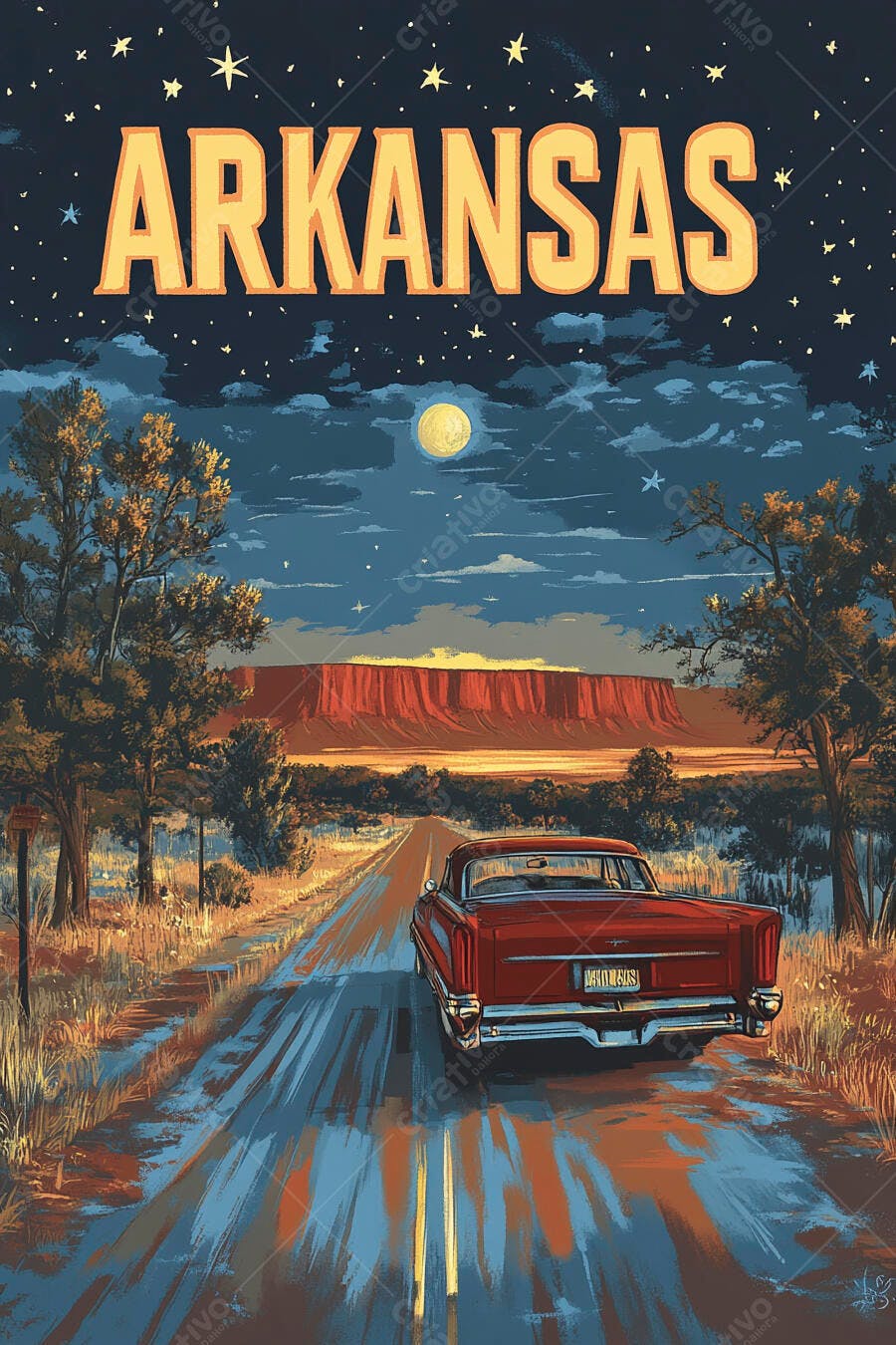 Ilustração Arkansas Carro Antigo Estrada Noturna Montanhas