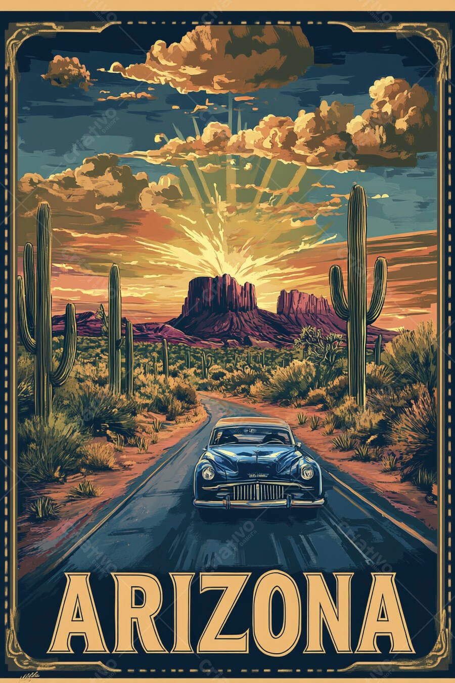 Pôster Vintage Arizona Carro Clássico Deserto Cactos