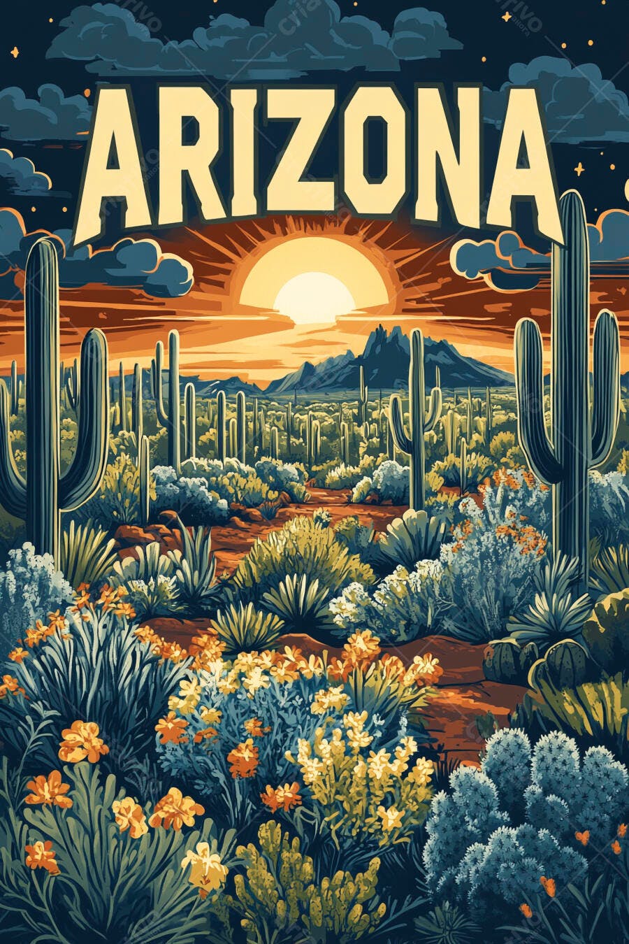Ilustração Deserto Arizona Cactos Pôr do Sol Vintage