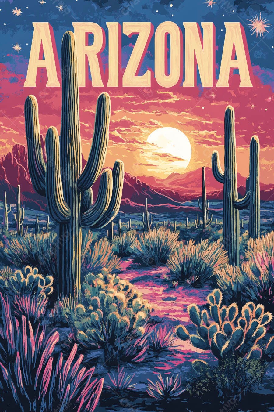 Ilustração Arizona Deserto Cactos Pôr do Sol Retrô