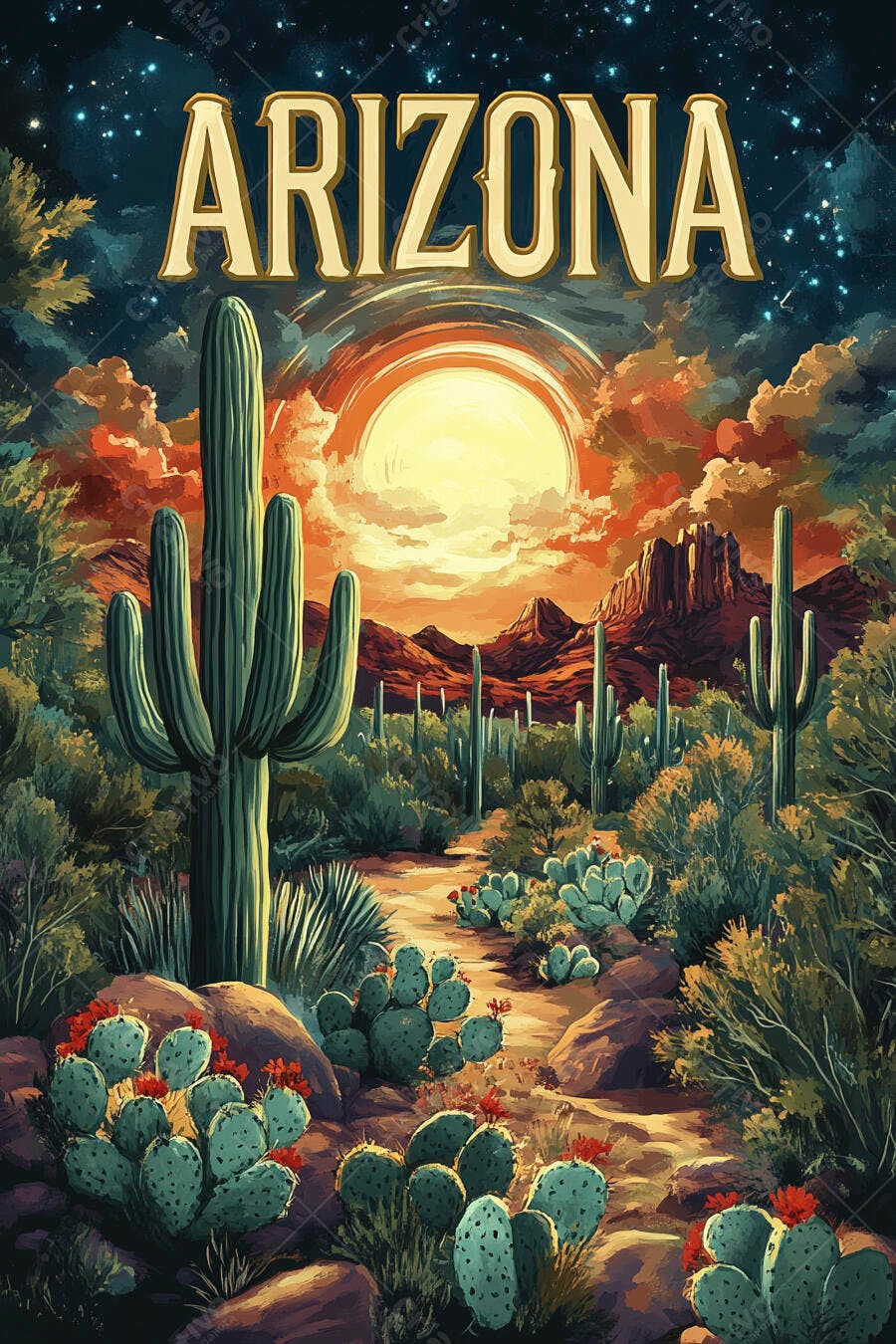 Ilustração Arizona Deserto Cactos Pôr do Sol Noturno