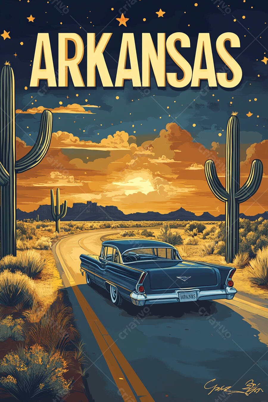 Pôster Vintage Arkansas Carro Clássico Deserto Pôr do Sol
