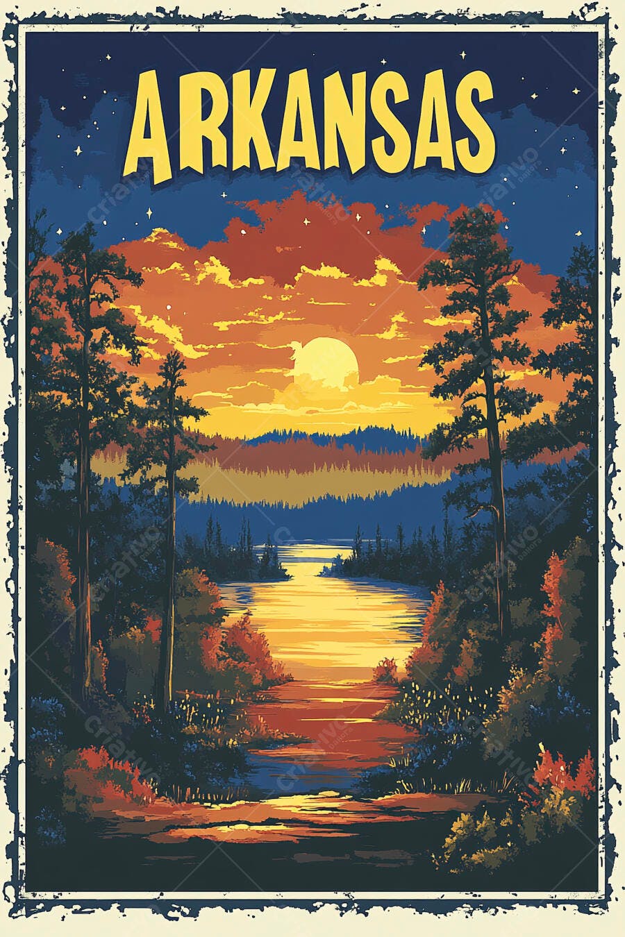 Pôster Vintage Arkansas Pôr do Sol Rio Floresta