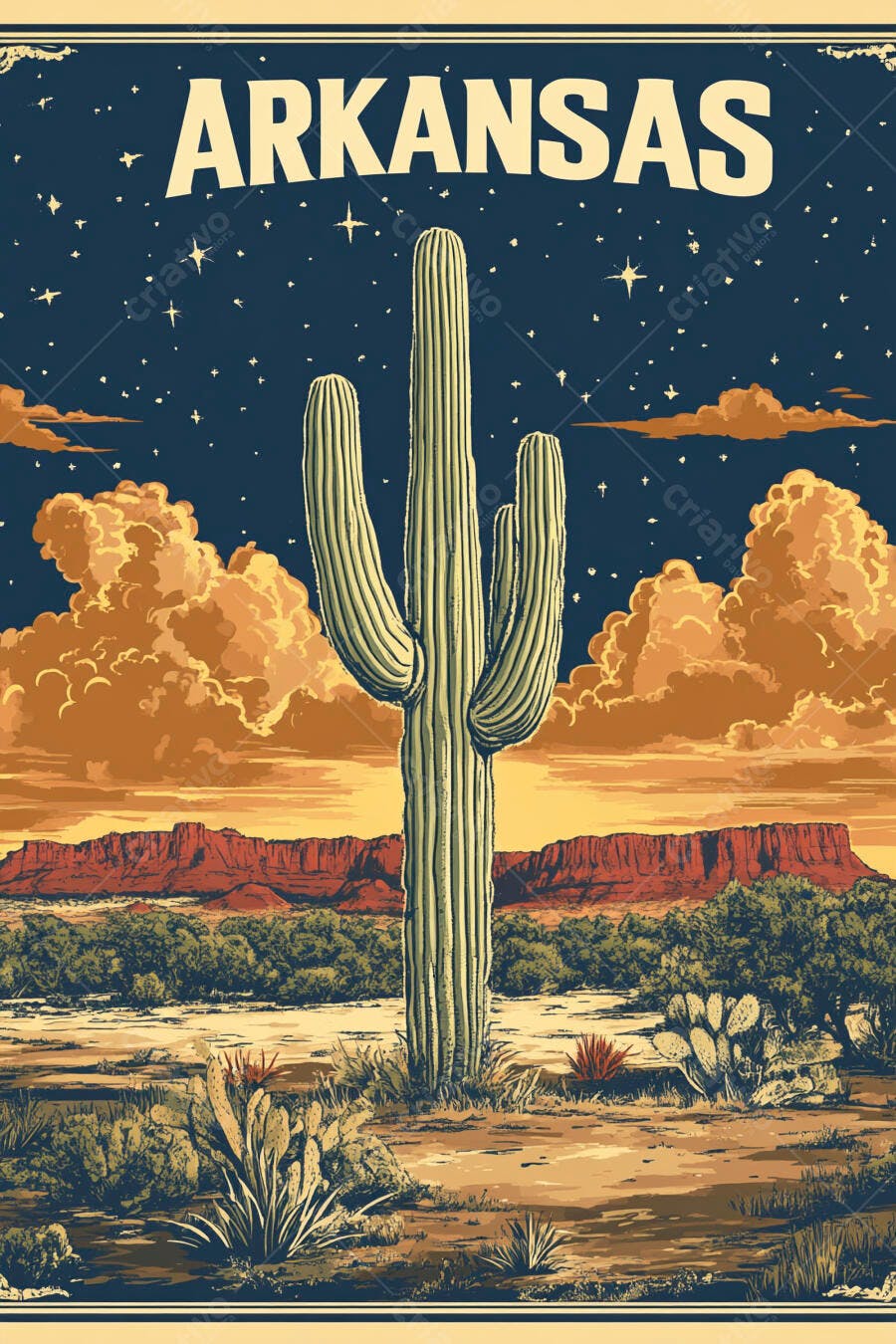 Pôster Vintage Deserto Arkansas Cacto Saguaro Noite Estrelada