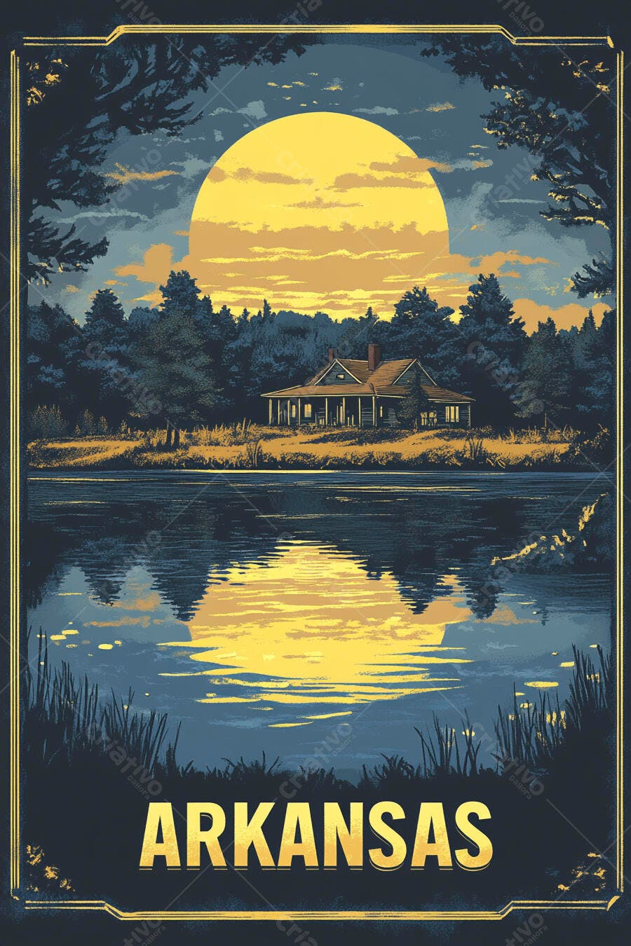 Ilustração Vintage Casa Lago Luar Arkansas Pôster