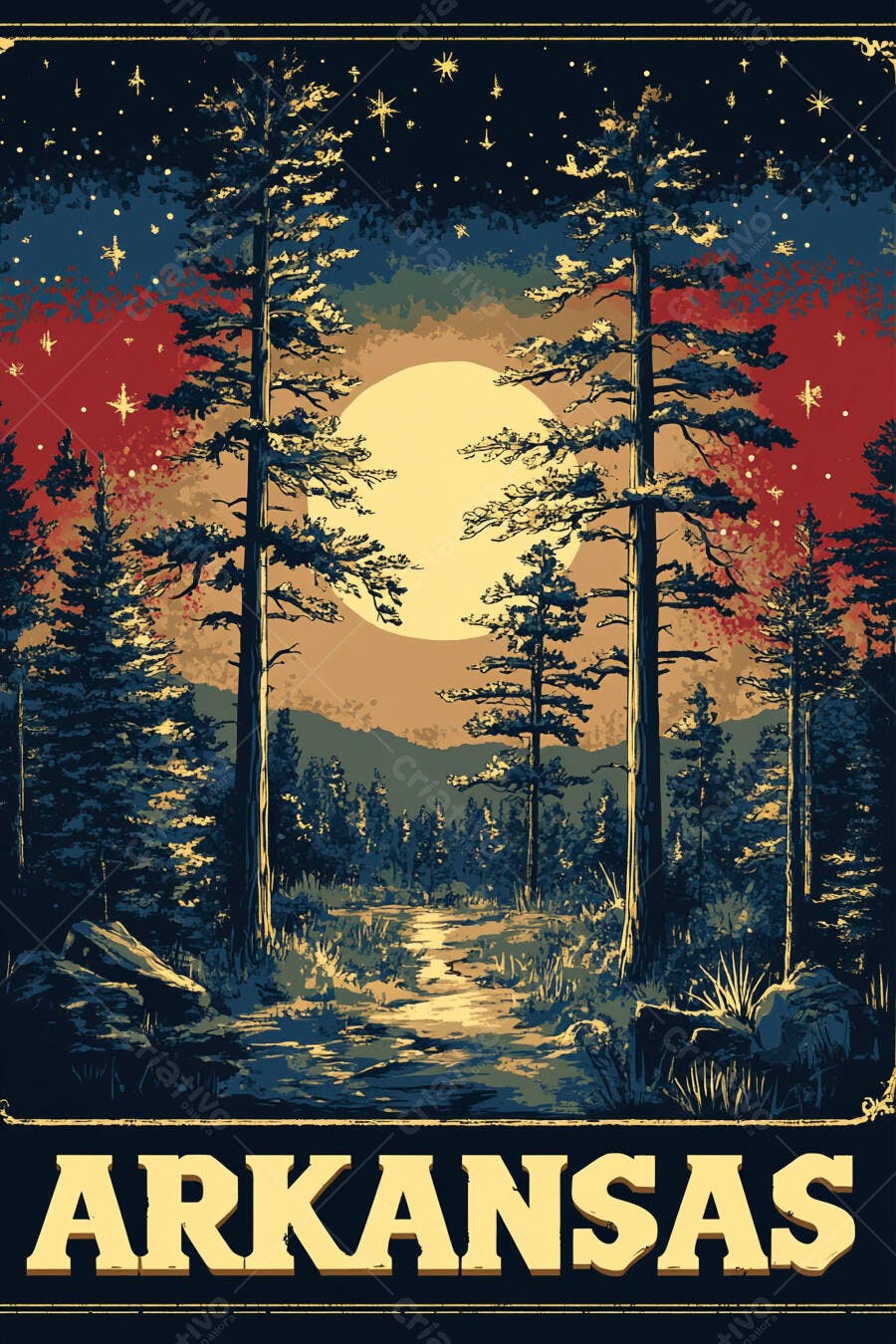 Ilustração Floresta Pinheiros Lua Cheia Noite Estrelada Arkansas