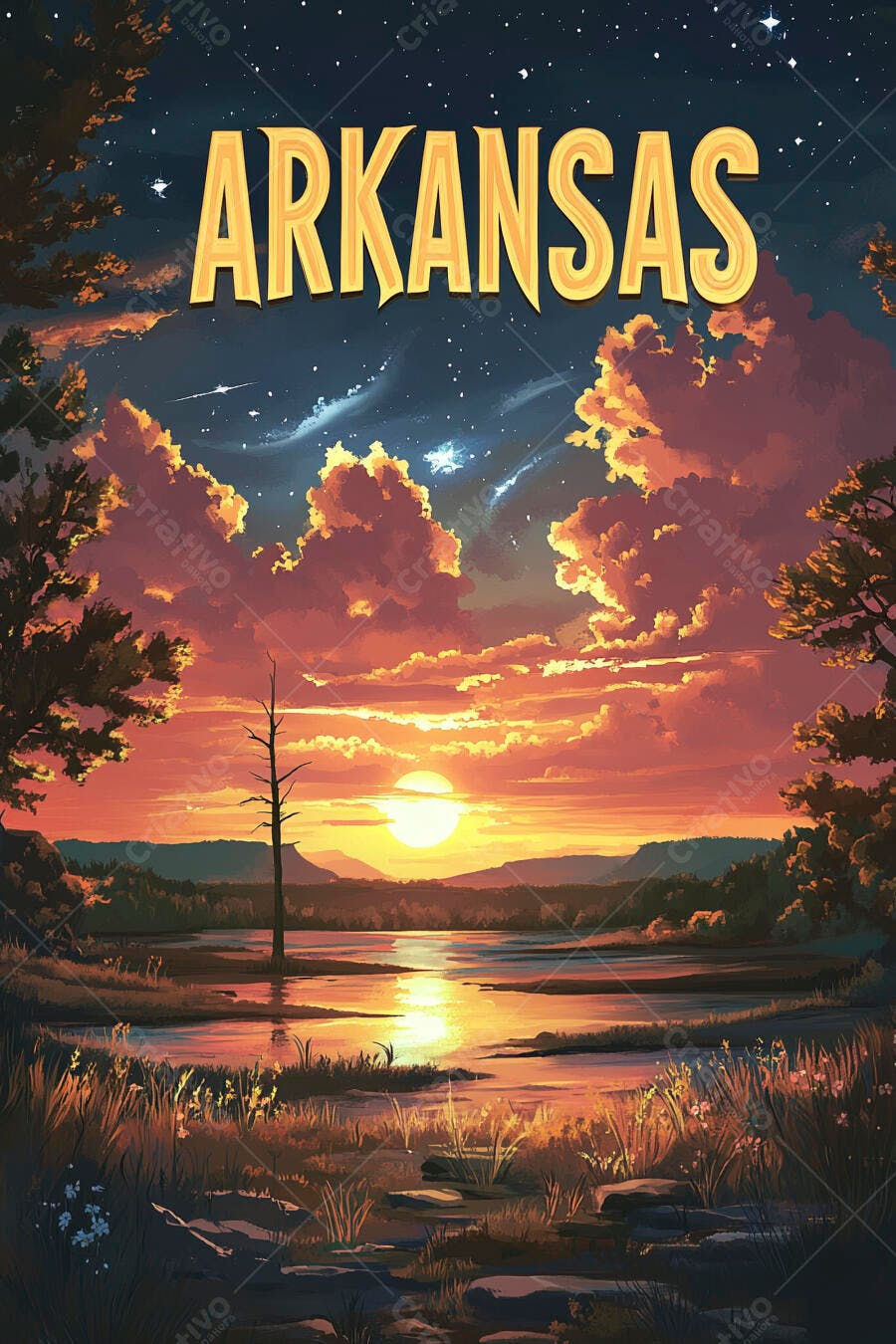 Ilustração Arkansas Pôr do Sol Lago Montanhas Colorido