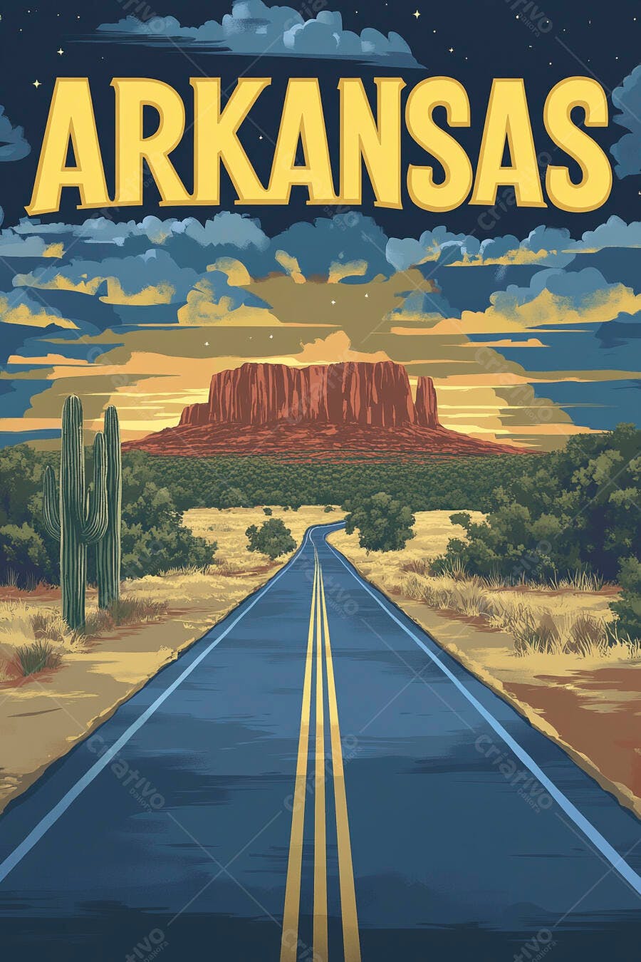 Ilustração Estrada Deserto Cactos Arkansas Pôr do Sol