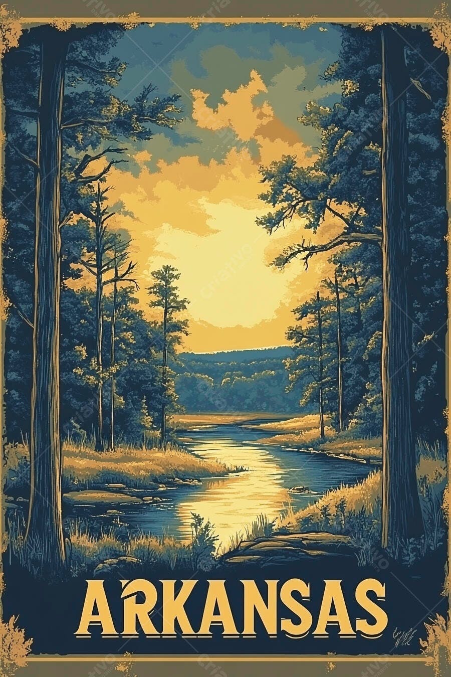 Poster vintage de rio em floresta do Arkansas ao pôr do sol amarelo e azul