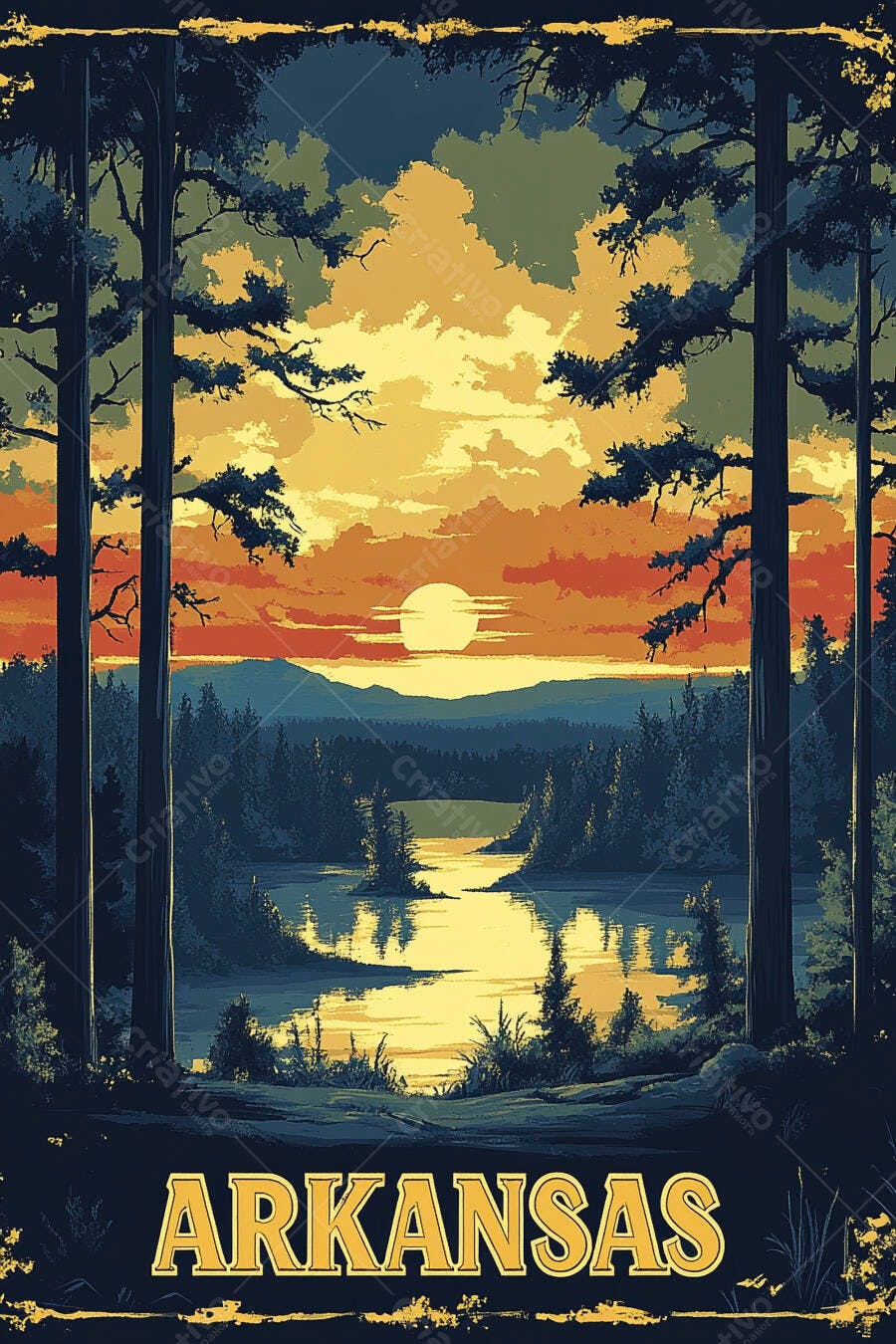 Ilustração vintage Arkansas pôr do sol em lago com pinheiros e montanhas