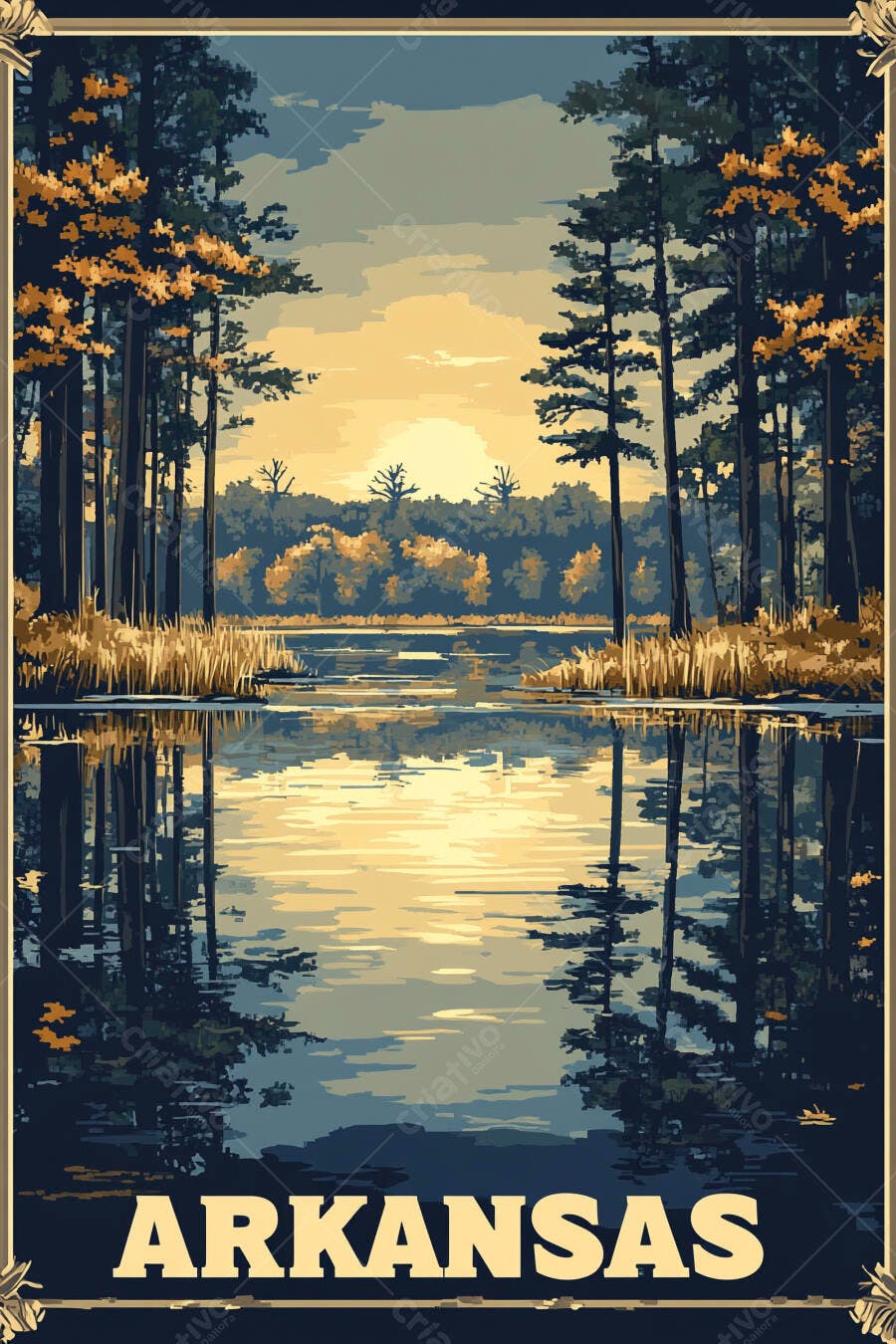 Ilustração Paisagem Lago Floresta Pôr do Sol Arkansas