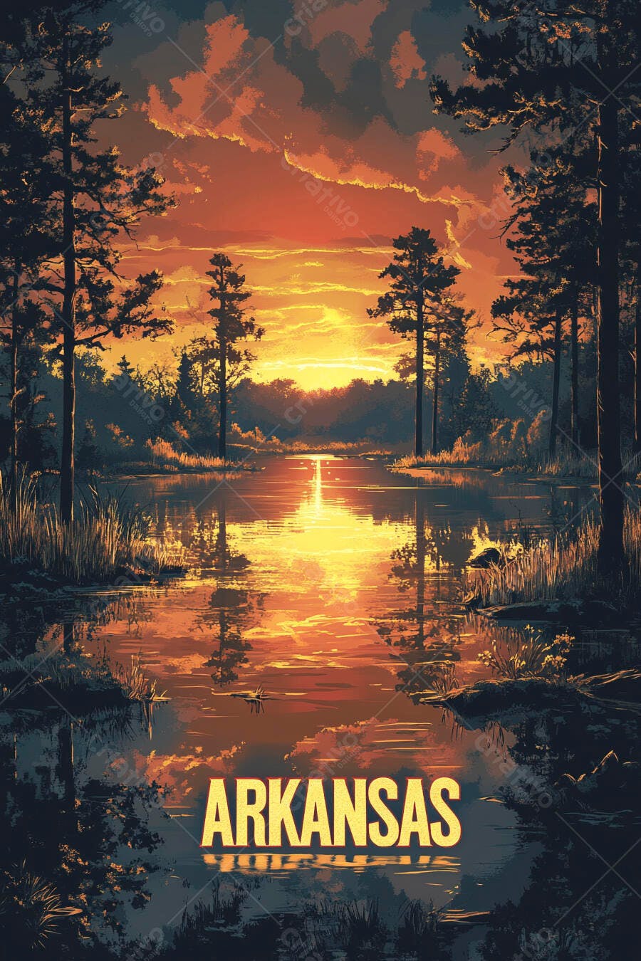 Ilustração Pôr do Sol Rio Floresta Arkansas Estilo Vintage