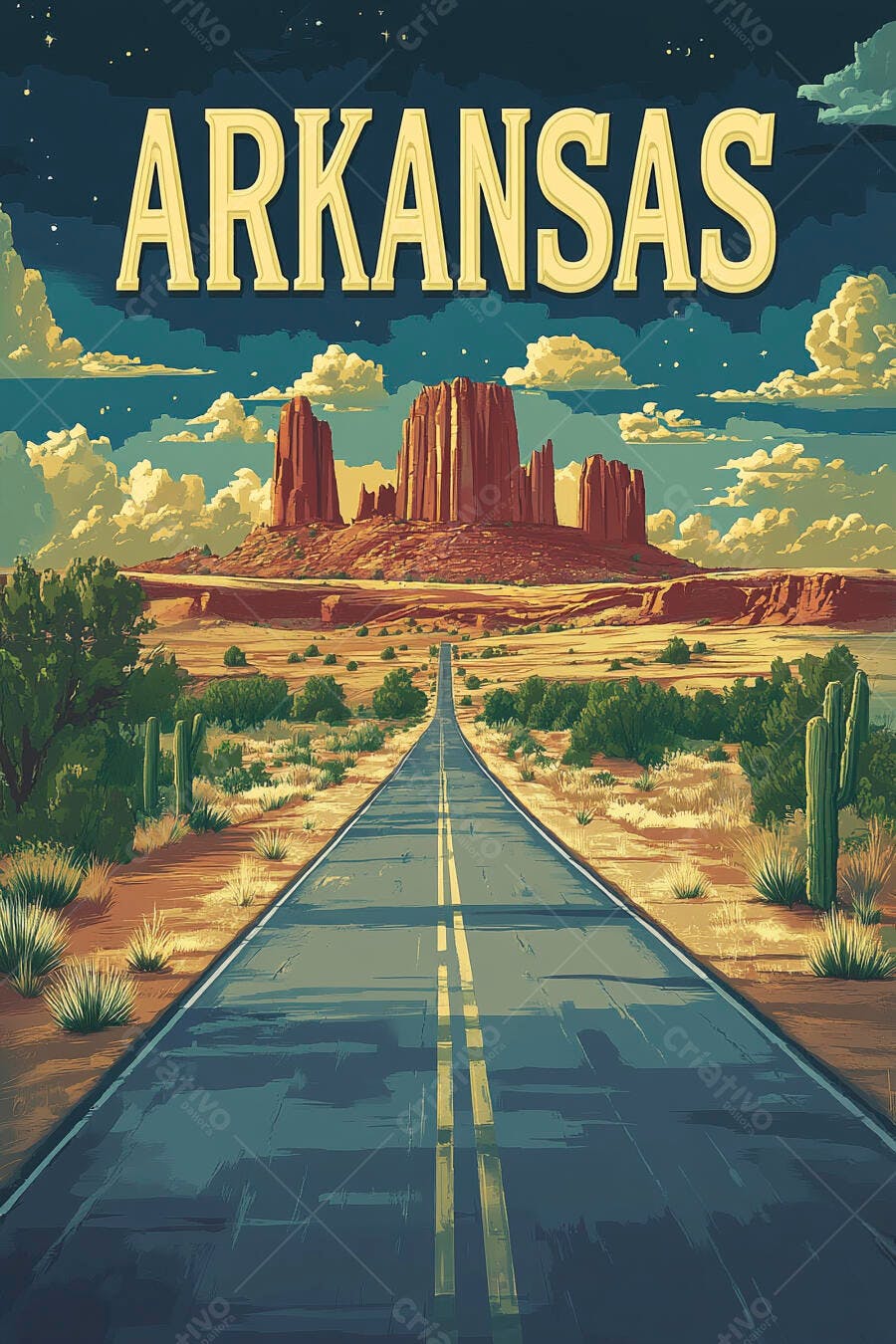 Ilustração Estrada Deserto Arkansas EUA Montanhas Cactos