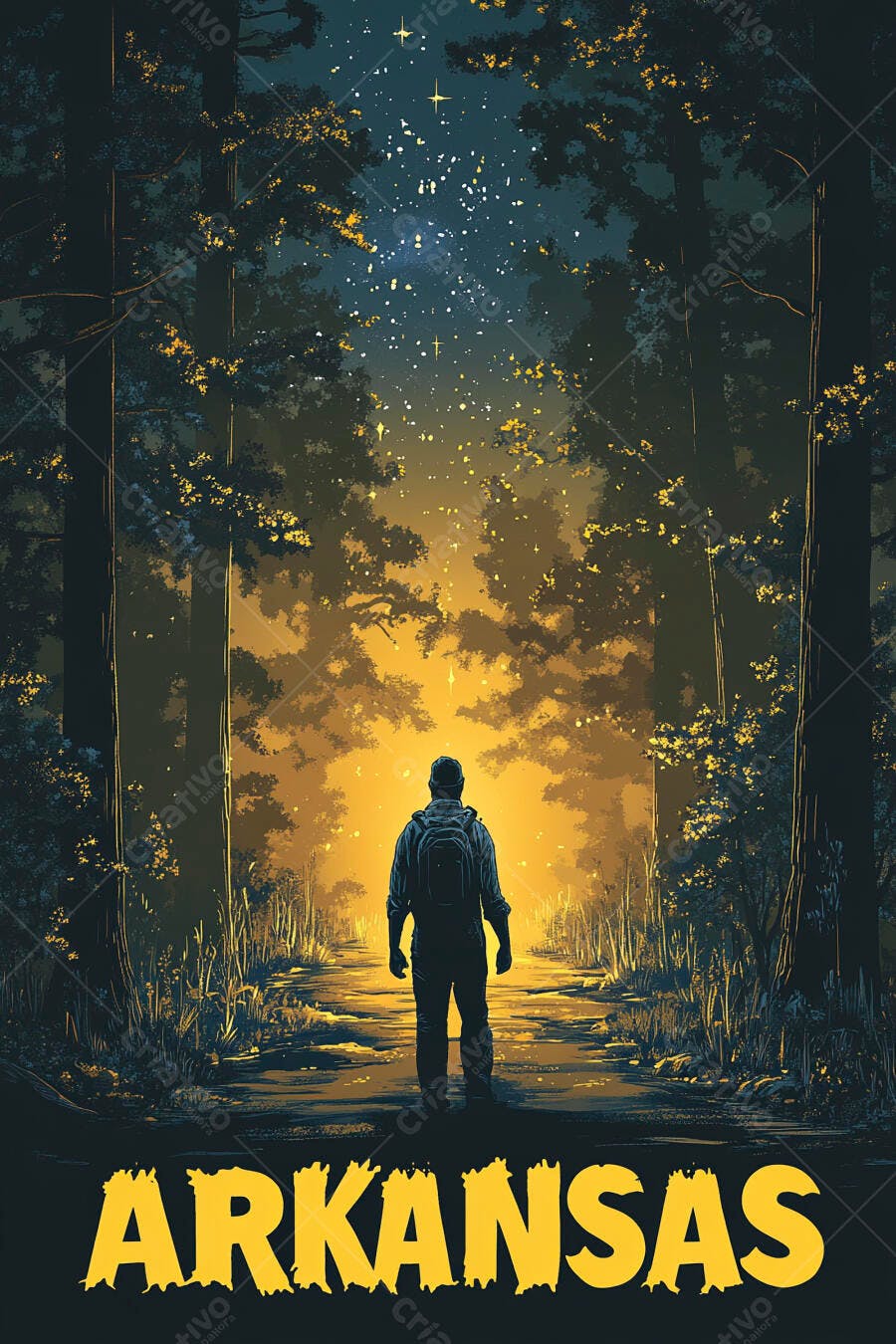 Pessoa Caminhando Floresta Noturna Estrelas Ilustração Vetorial
