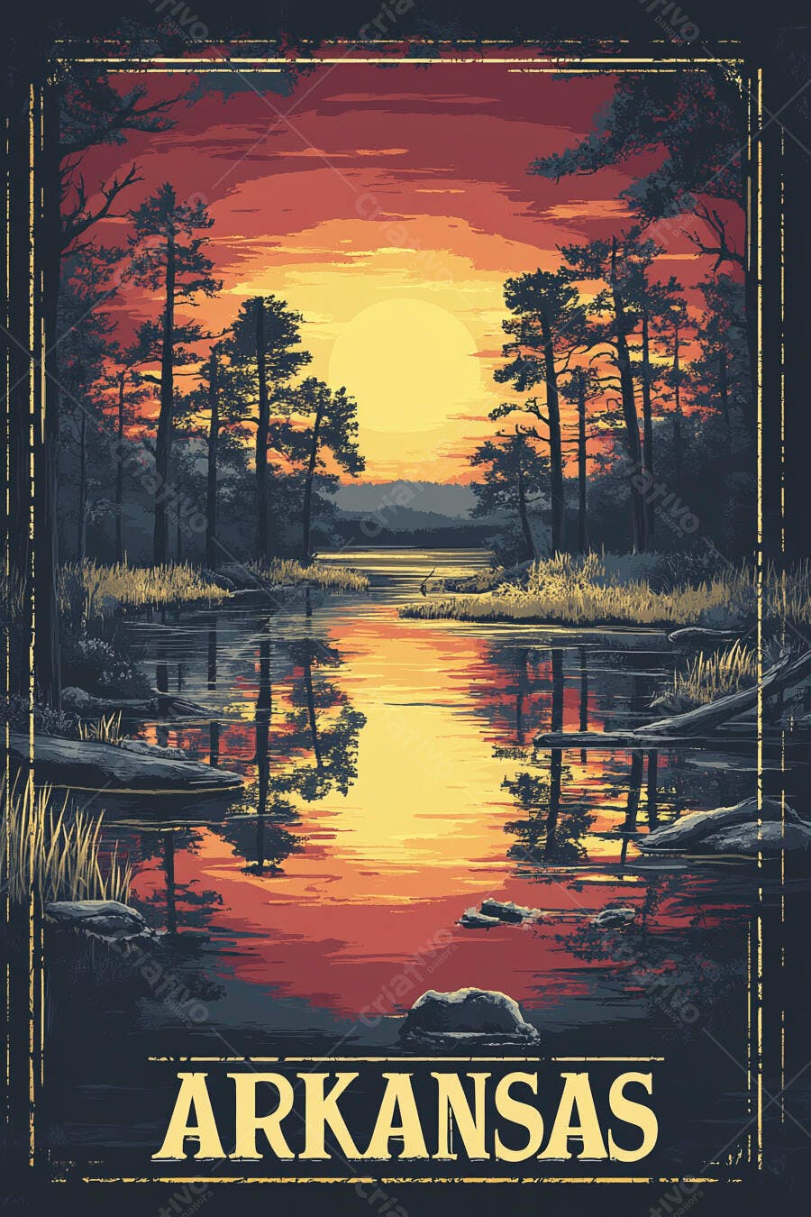 Ilustração Retrô Arkansas Pôr do Sol Rio Floresta Pinheiros