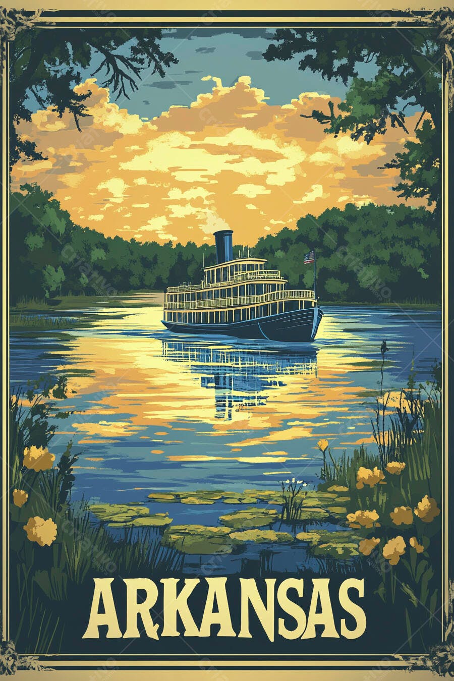 Cartaz Vintage Barco a Vapor Rio Arkansas Pôr do Sol