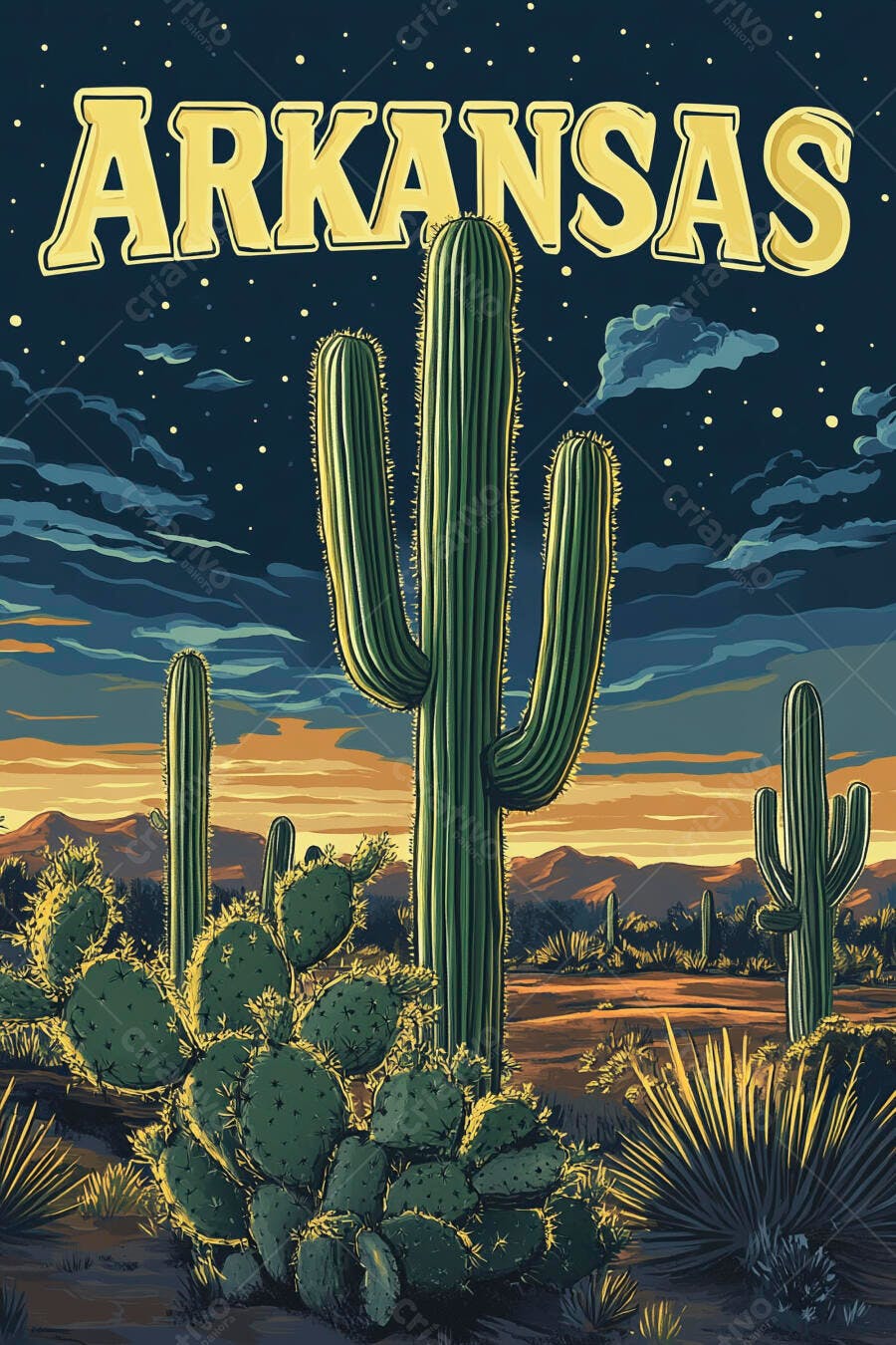 Pôster Vintage Deserto Cactos Arkansas Noite Estrelada