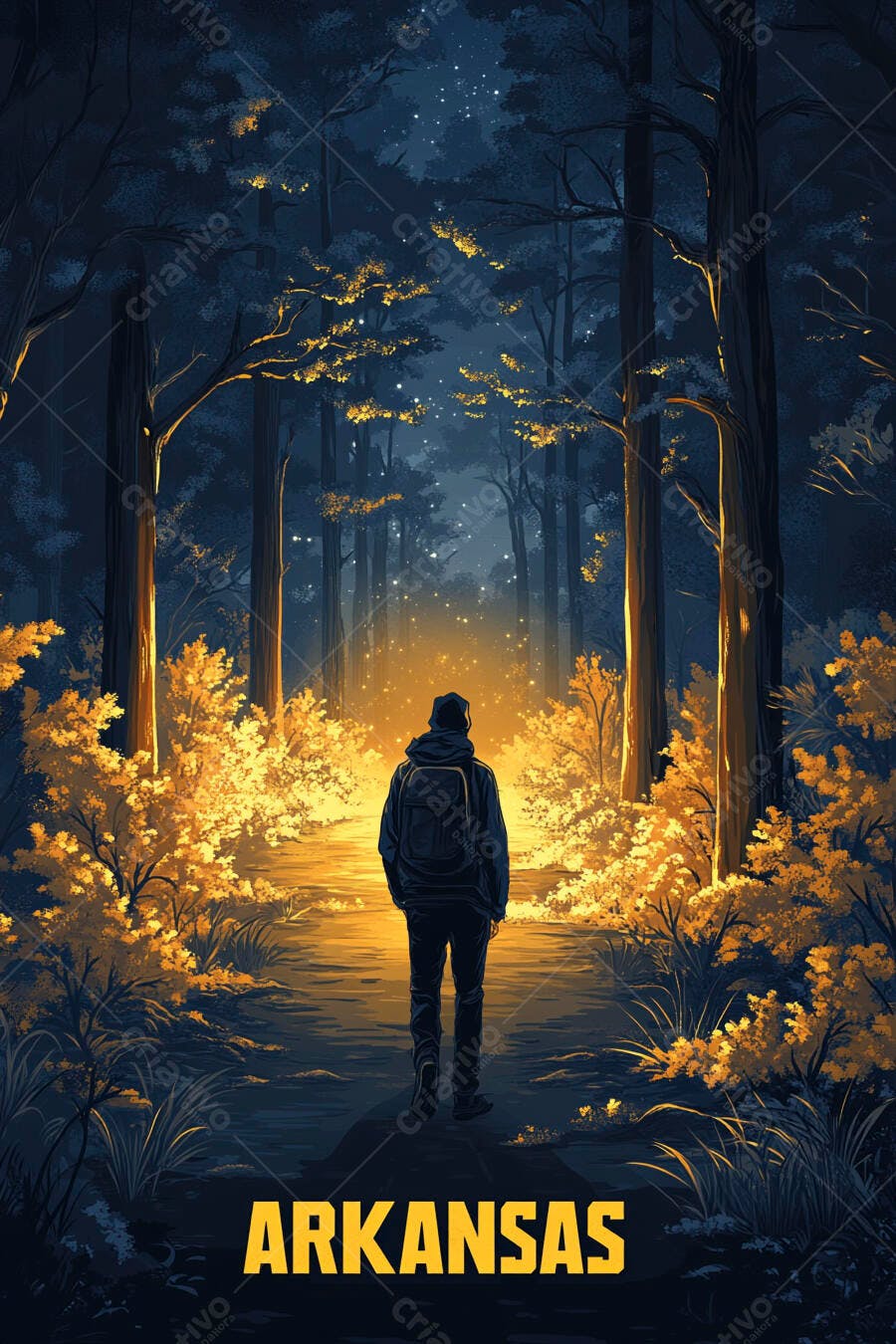 Ilustração Homem Caminhando Floresta Noturna Arkansas