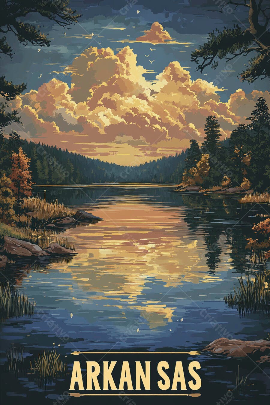 Paisagem Lago Montanhas Nuvens Douradas Pôr do Sol Ilustração