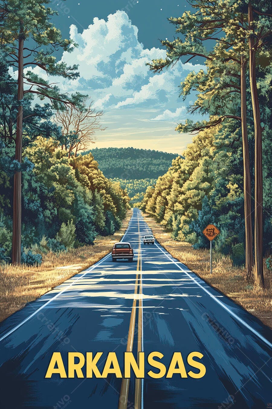 Estrada Rural Arkansas Carros Paisagem Natural Ilustração