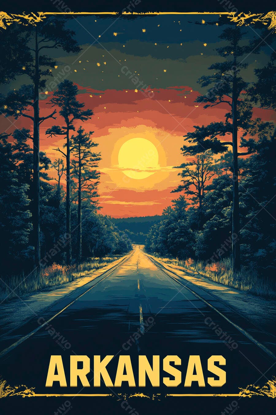 Ilustração Estrada Pôr do Sol Floresta Arkansas