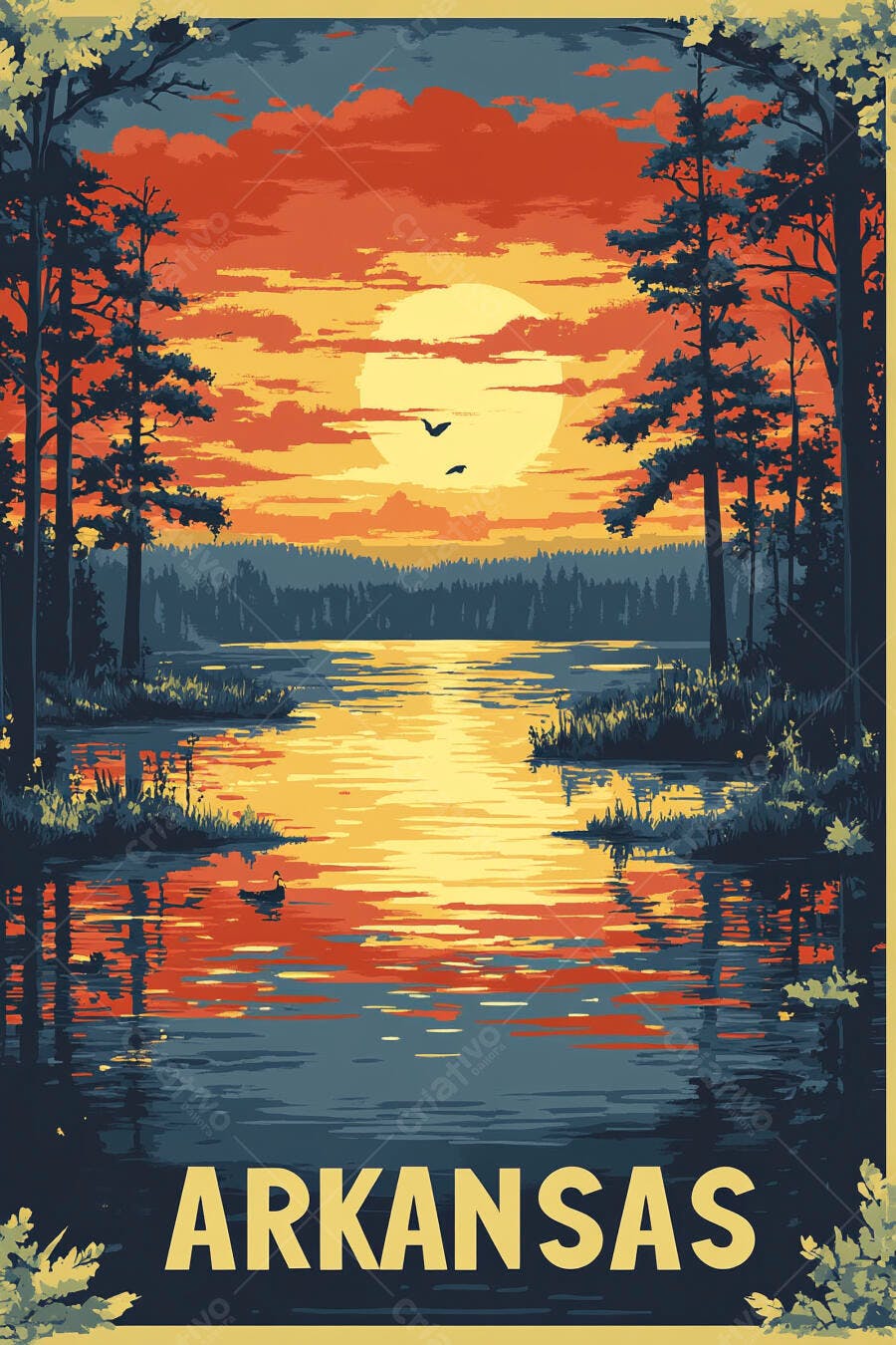 Pôster Vintage Arkansas Lago Floresta Pôr do Sol