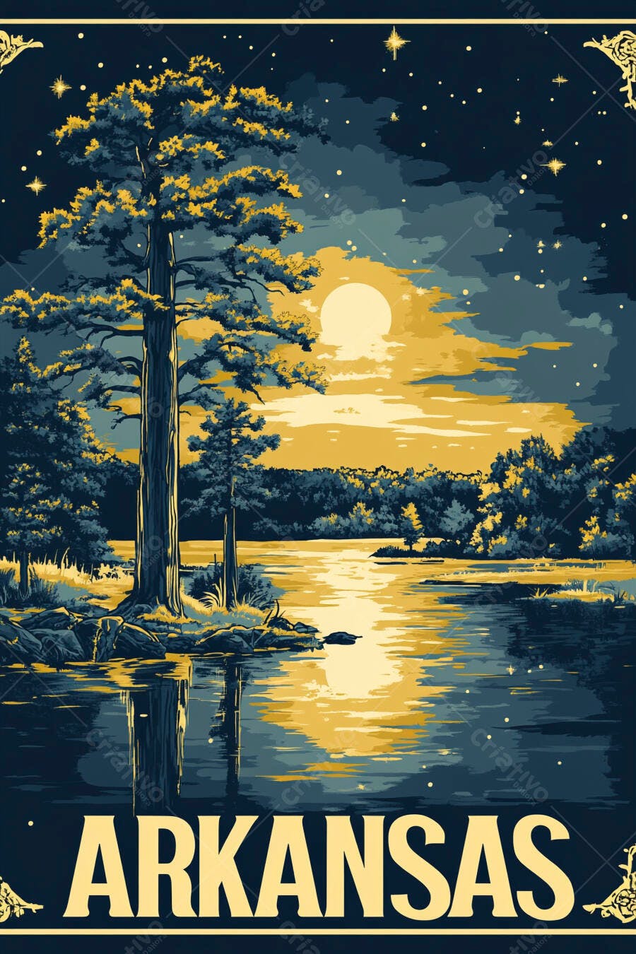 Ilustração Vintage Arkansas Lago Árvores Noite Lua Cheia