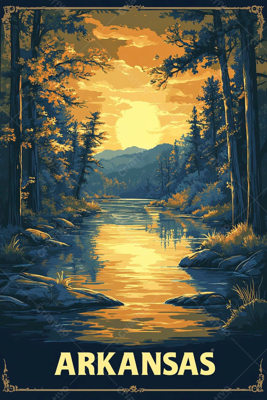Ilustração Rio Floresta Pôr do Sol Arkansas Vintage