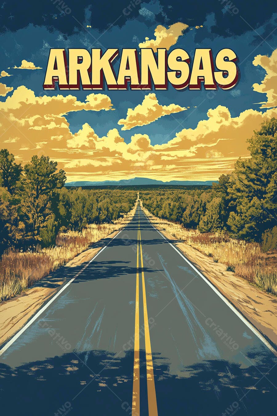 Ilustração Estrada Arkansas Céu Dourado Estilo Vintage